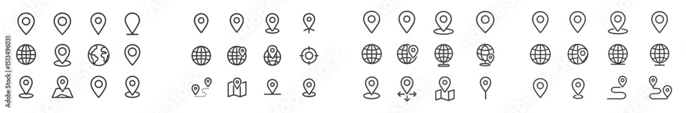 Poster collection of location icons illustrating map markers, globes, and navigation symbols in a minimalis