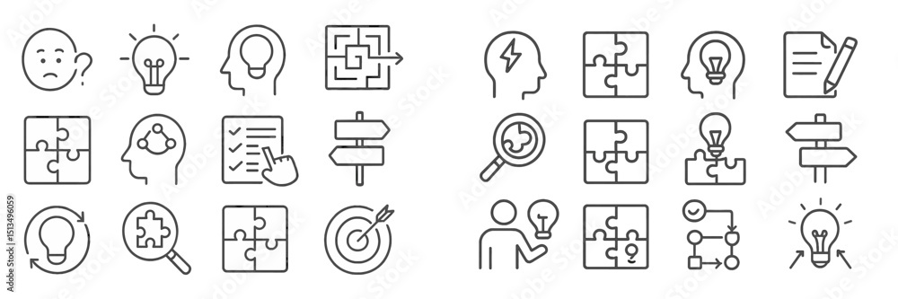 Poster mind mapping concept with various puzzle pieces and light bulb symbols depicting problem-solving ide