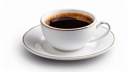 black hot coffee in white ceramic cup with saucer isolated clipping path on white background