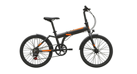 Fototapeta premium A foldable bicycle with black frame and orange accent, shown in a studio setting against black.