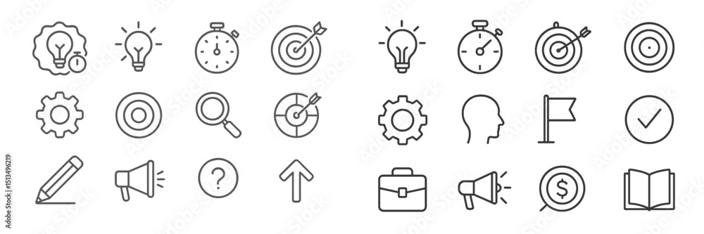 Poster symbols and icons representing various concepts of time management, productivity, and creativity in 