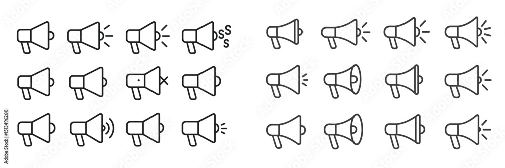 Poster various designs of loudspeakers showing different sound states and patterns, illustrating audio func