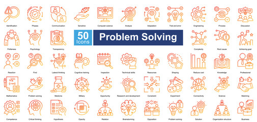 Problem Solving icon collection set. Gradient-enhanced outline icons for complex problem-solving and logical clarity.