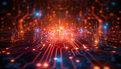 Fototapeta premium Illuminated circuit board with glowing connections.