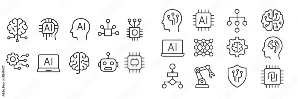 Aufkleber variety of artificial intelligence related icons and symbols featuring brain, gears, and robots in l