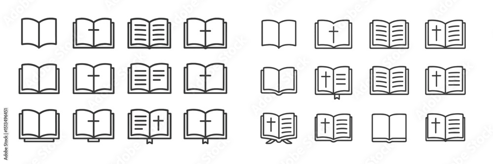 Poster illustrative collection of open and closed books showcasing various styles, with simple religious sy