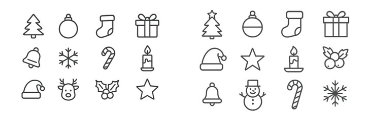Festive collection of Christmas icons featuring trees, ornaments, gifts, and holiday symbols in a simple design