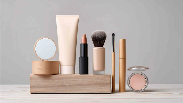 Minimalist vanity natural wood soft beige backdrop essential makeup items neatly arranged - Powered by Adobe