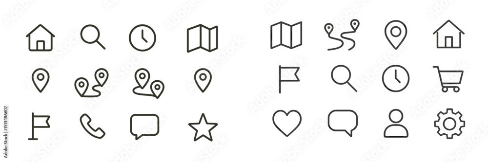 Poster collection of various icons depicting navigation, communication, and social interaction elements com