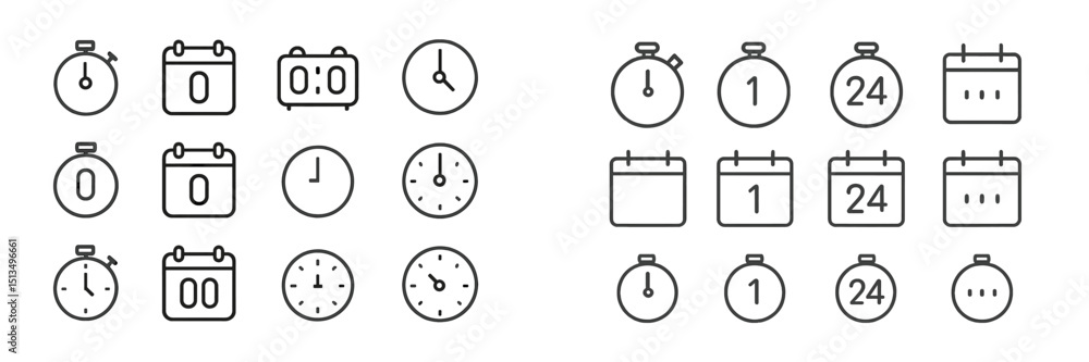 Aufkleber collection of various time-related icons representing clocks, stopwatches, and calendars in a minima
