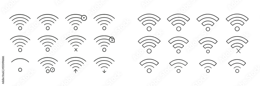 Poster various wifi signal icons with different visual representations and indicators for connectivity leve