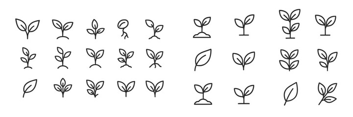 Variety of plant growth icons showcasing different stages and styles of leaves in a minimalist design