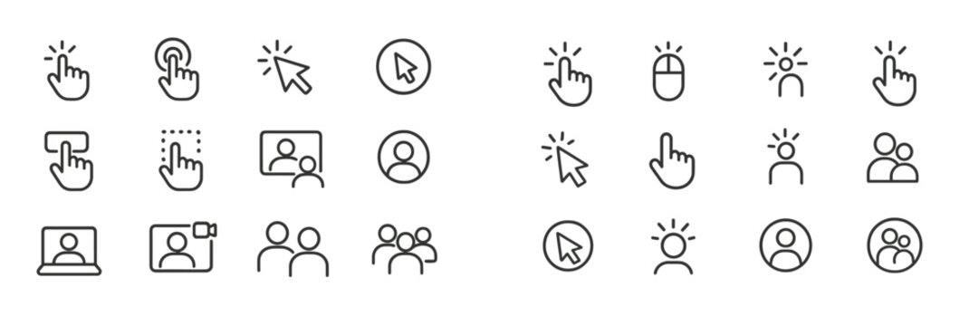 Collection of diverse hand and cursor icons illustrating interactive digital activities