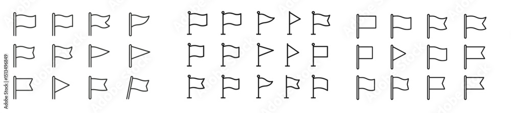 Poster multiple flag designs drawn in a minimalist style showcasing various shapes and sizes against a plai