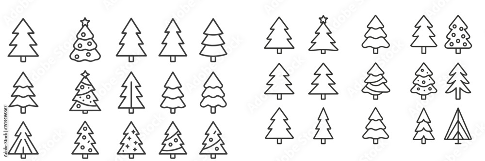 Poster collection of simple line drawings of various christmas trees in different styles and shapes suitabl