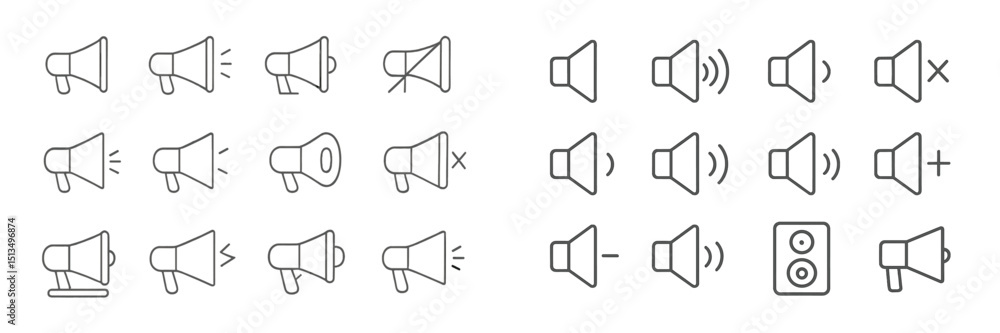 Poster collection of speaker icons illustrating various sound levels and functions in a minimalistic style,