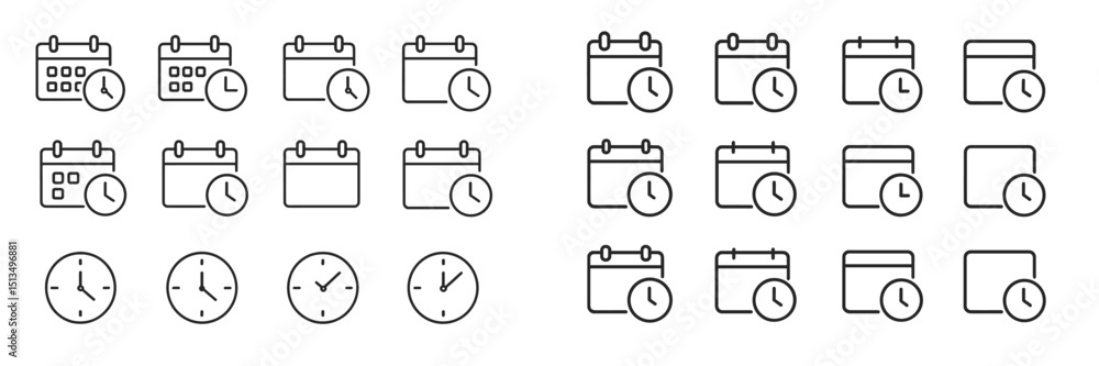 Poster various calendar and clock icons arranged in a grid, illustrating time management and organization c