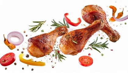 grilled chicken legs or drumsticks falling down with herbs and colourful peppers isolated on white background juicy bbq chicken drumsticks sprinkled with herbs and seasoning on white background