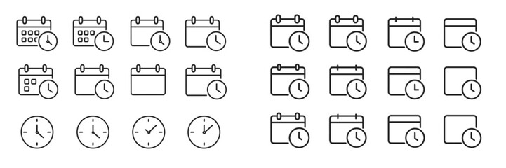 Various calendar and clock icons arranged in a grid, illustrating time management and organization concepts