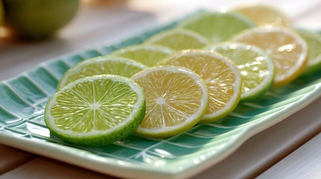 Citrus slices aligned in diagonal grid, mint green ceramic plate, white table