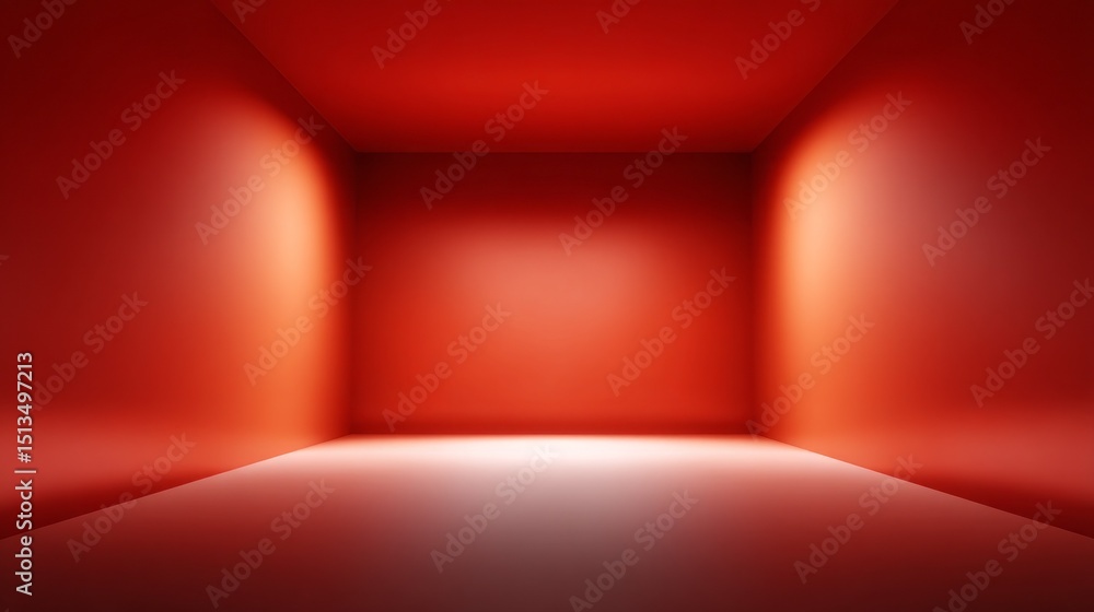 Poster vibrant red walls and smooth surfaces define the empty studio space, ideal for photography, art, or 