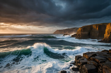 Obraz premium Dramatic seascape with crashing waves and rugged cliffs under a stormy sky, capturing the power of nature and coastal scenery.