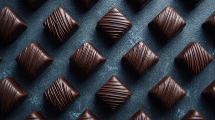 Fototapeta premium Flat lay of chocolate truffles in symmetrical diagonal pattern, slate background, clean lines