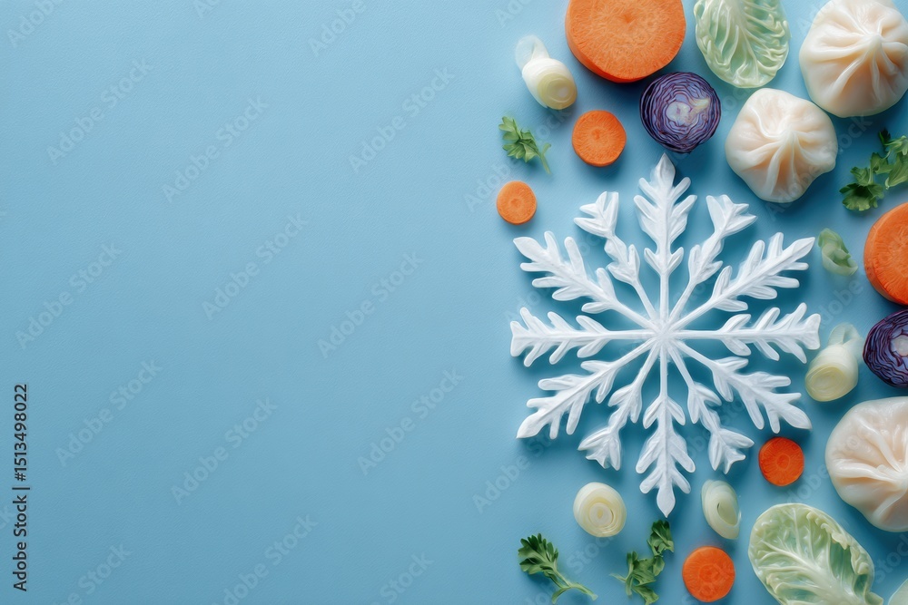 Aufkleber stylized snowflake backdrop with frozen dumplings and colorful vegetables on bright blue surface for