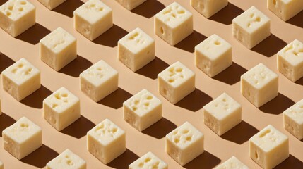 Fototapeta premium Mini cheese cubes in a pixel grid, soft tan paper backdrop, elevated flat lay styling
