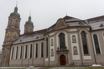 The magnificent St. Gallen Cathedral (F&uuml;rstabtei St. Gallen), a UNESCO World Heritage site, stands majestically under a soft, overcast sky