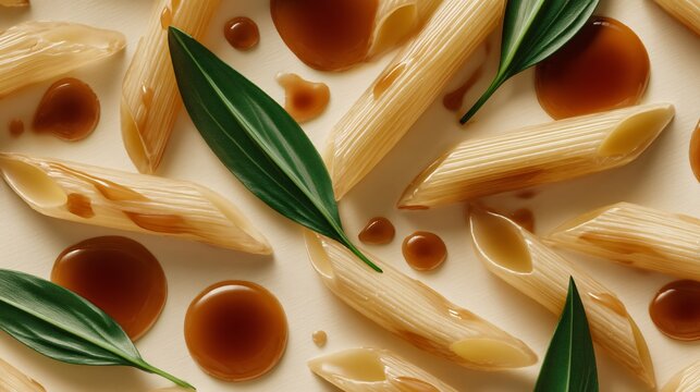 Minimal pasta layout with sauce dabs and leaf garnishes in triangular composition