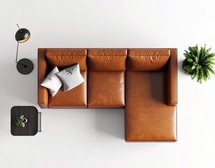 Top view of brown leather sofa with cushions white background.
