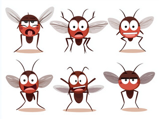 Fototapeta premium Six cartoon mosquitoes showing different emotions and expressions