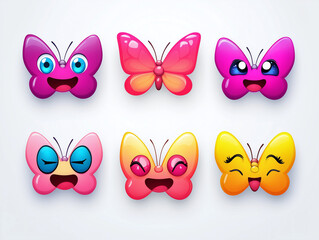 Obraz premium Six colorful butterflies showing different emotions are flying on white background