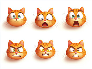 Ginger cat showing different facial expressions: surprise, anger, and fear