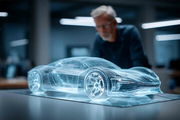 a professional standing beside and looking a holographic car on the table ultra translucent 3d rendering intricate details office atmosphere
