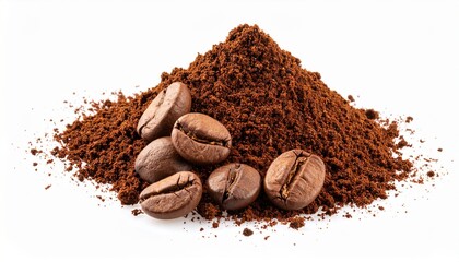 coffee powder pulver pile with roasted coffee beans isolated