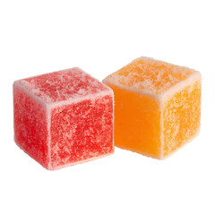 Two colorful jelly candy cubes red and yellow coated with sugar isolated on transparent background.