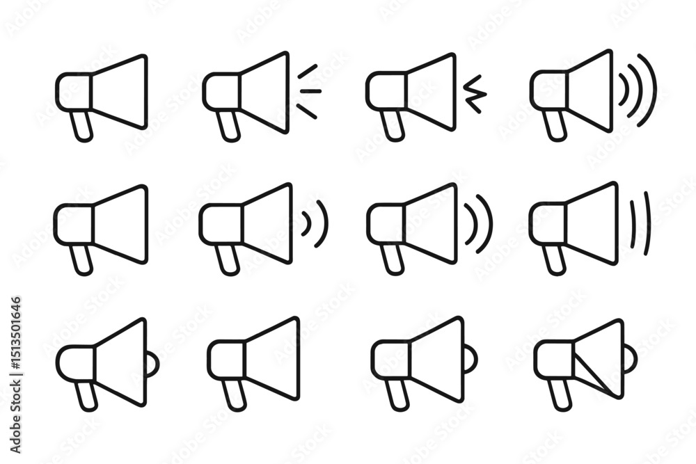 Poster different variations of a speaker icon illustrating sound levels and audio signals in simple line ar