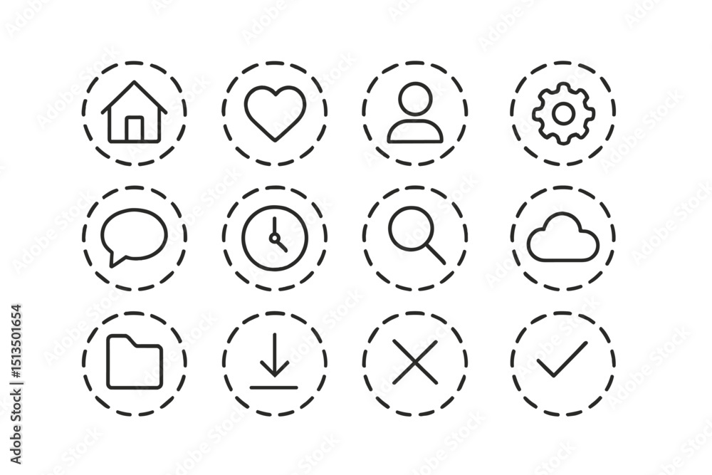 Poster icons representing various functions for user interface design, emphasizing home, profile, settings,