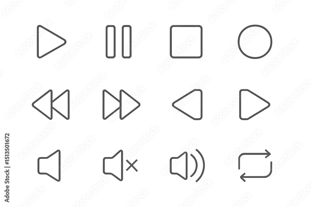 Poster various multimedia control icons arranged in a grid format showcasing play, pause, stop, and volume 