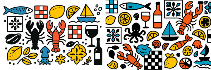 Colorful seafood market illustrations showcase marine life and culinary delights in a vibrant coastal setting