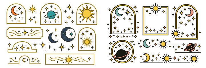 Creative celestial decorations featuring moons, stars, and planets in a whimsical design for art and craft projects