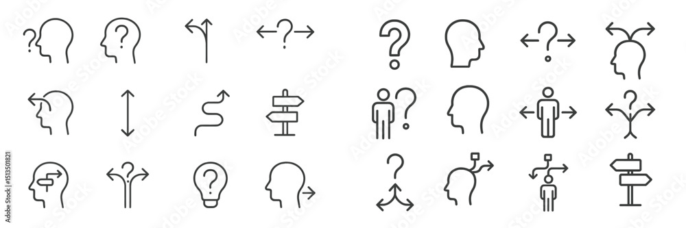 Aufkleber icons representing decision-making and directions in a minimalist style created for modern design ap