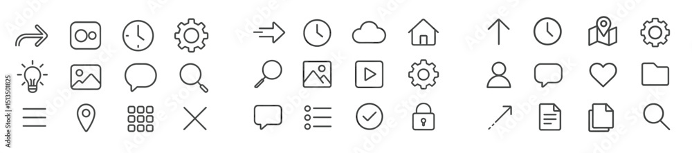 Poster various simple line icons illustrating common concepts and functions for digital interface design