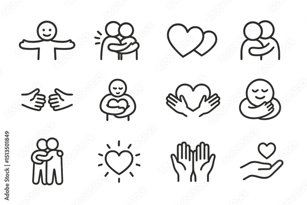 Poster different expressions of love and affection illustrated with simple line art in a playful and creati
