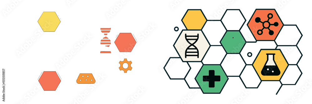 Poster hexagonal shapes and science icons representing chemistry and biology concepts in a modern design se
