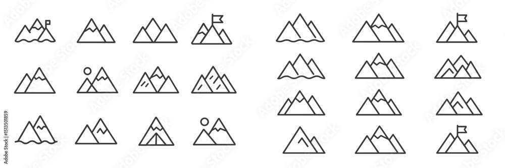Poster collection of minimalist mountain illustrations featuring various shapes and styles with flags and w