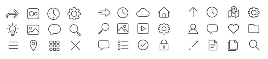Various simple line icons illustrating common concepts and functions for digital interface design