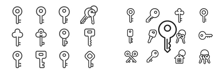 Collection of various key designs in simplistic black and white style for creative and artistic applications
